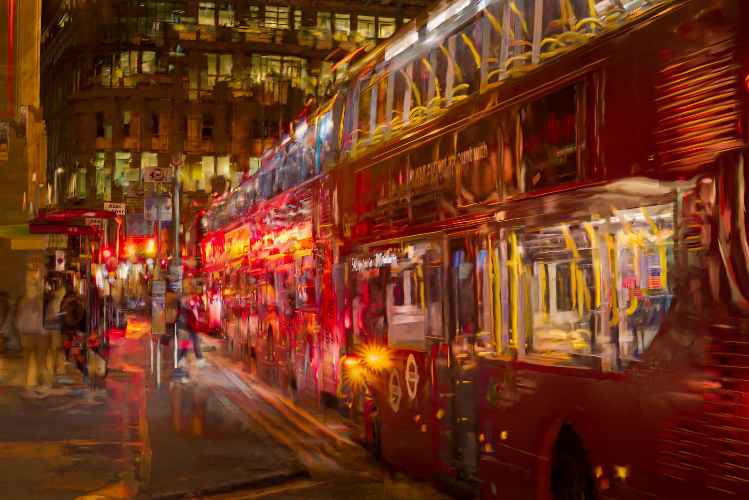 Red London buses at night on Fenchurch Street in the City, blurred by movement, with lit office windows behind