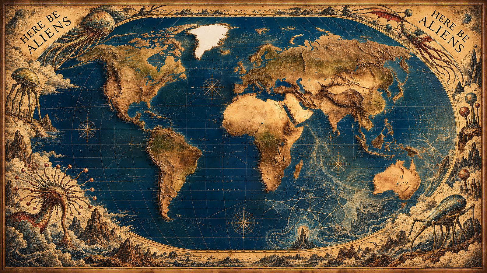 The same antique-style world map, now with strange alien creatures in the margins, the words Here Be Aliens in the corners, and part of the ocean dissolving into a network pattern