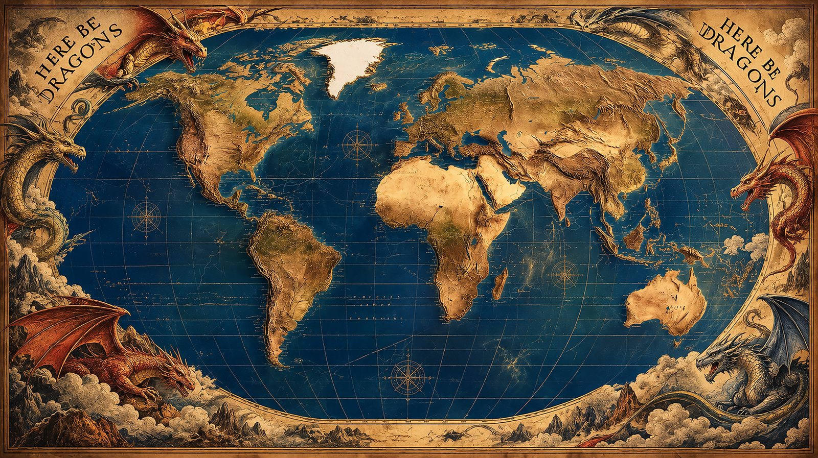 An antique-style world map with dragons in the margins and the words Here Be Dragons in the corners