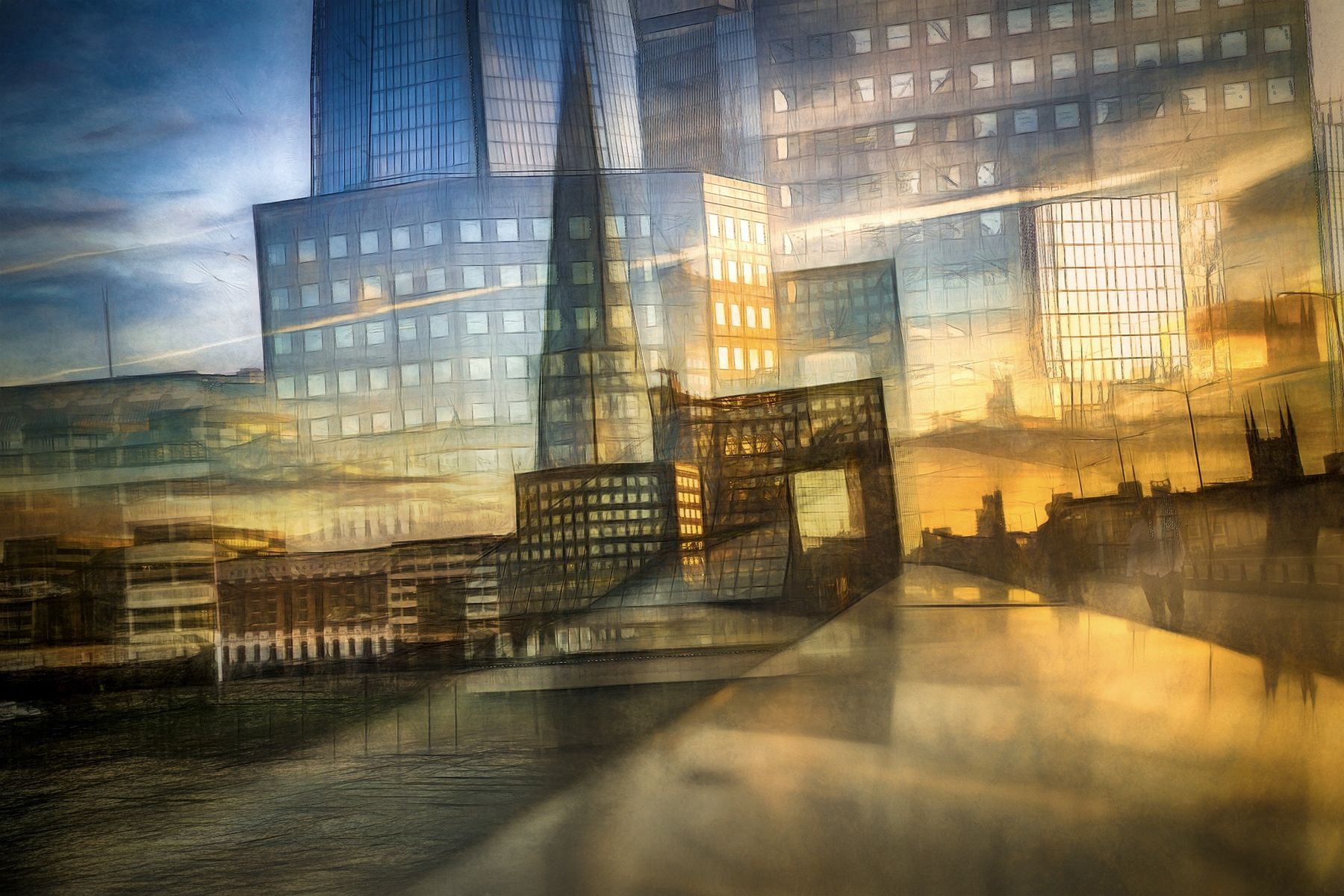 A layered, multiple-exposure photograph of the Shard and surrounding buildings at dusk