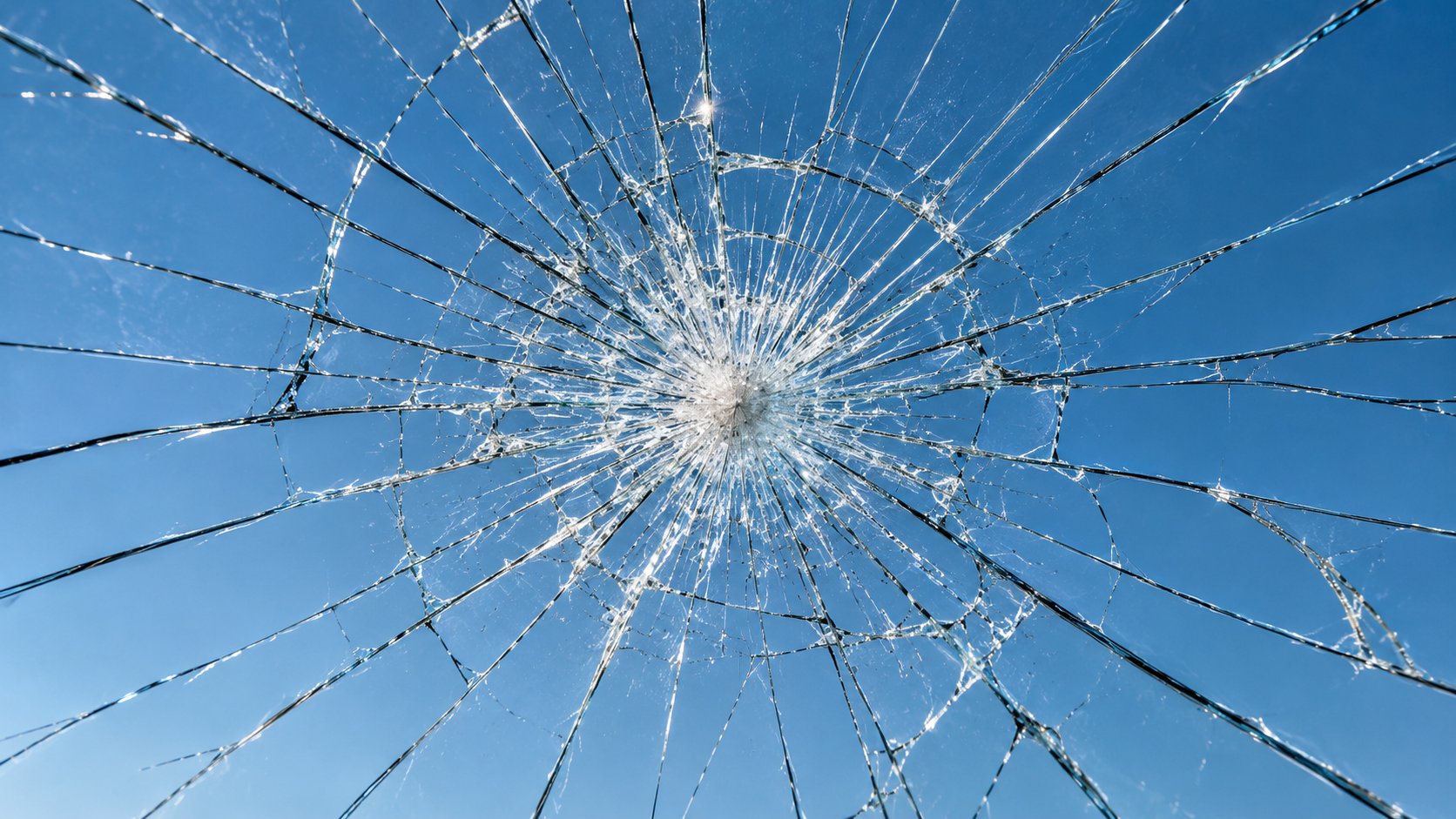 Cracks radiating in every direction from a single point of impact in a sheet of glass, against a blue sky