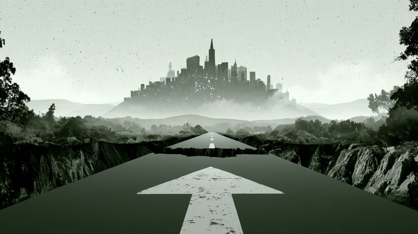 A painted arrow on a road pointing towards a distant city, with a deep crack running across the road ahead
